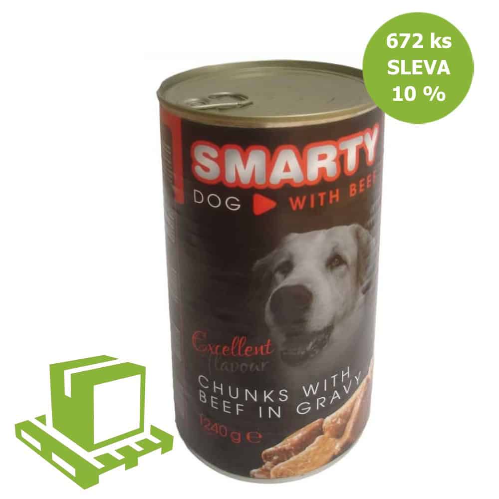 SMARTY Dog Hovězí chunks. konzerva 1240 g (paleta 672 ks) SLEVA 10 %