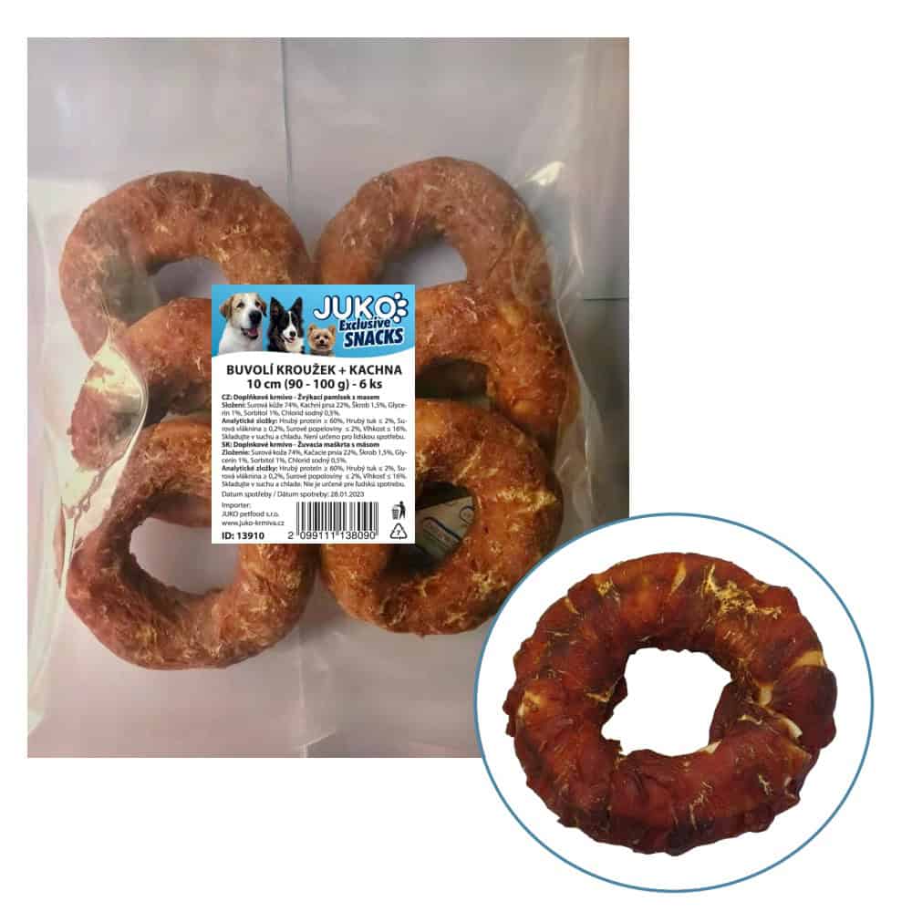Kroužek buvolí obalený kachním masem JUKO Snacks 10 cm (6 ks)
