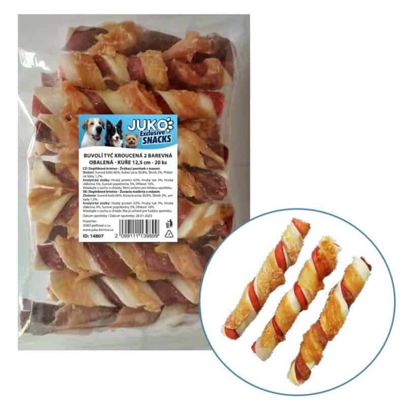 Tyč buvolí kroucená 2 barevná obalená kuřecím masem JUKO Snacks 12