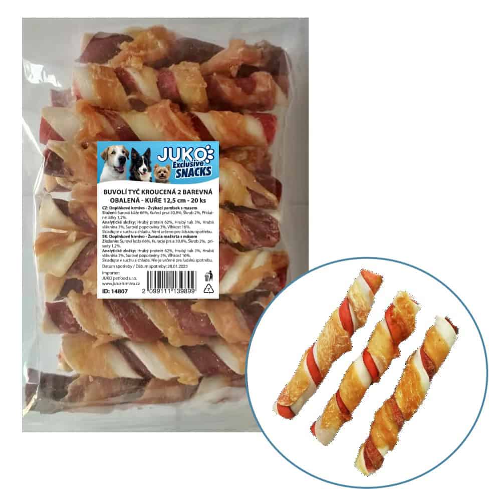 Tyč buvolí kroucená 2 barevná obalená kuřecím masem JUKO Snacks 12