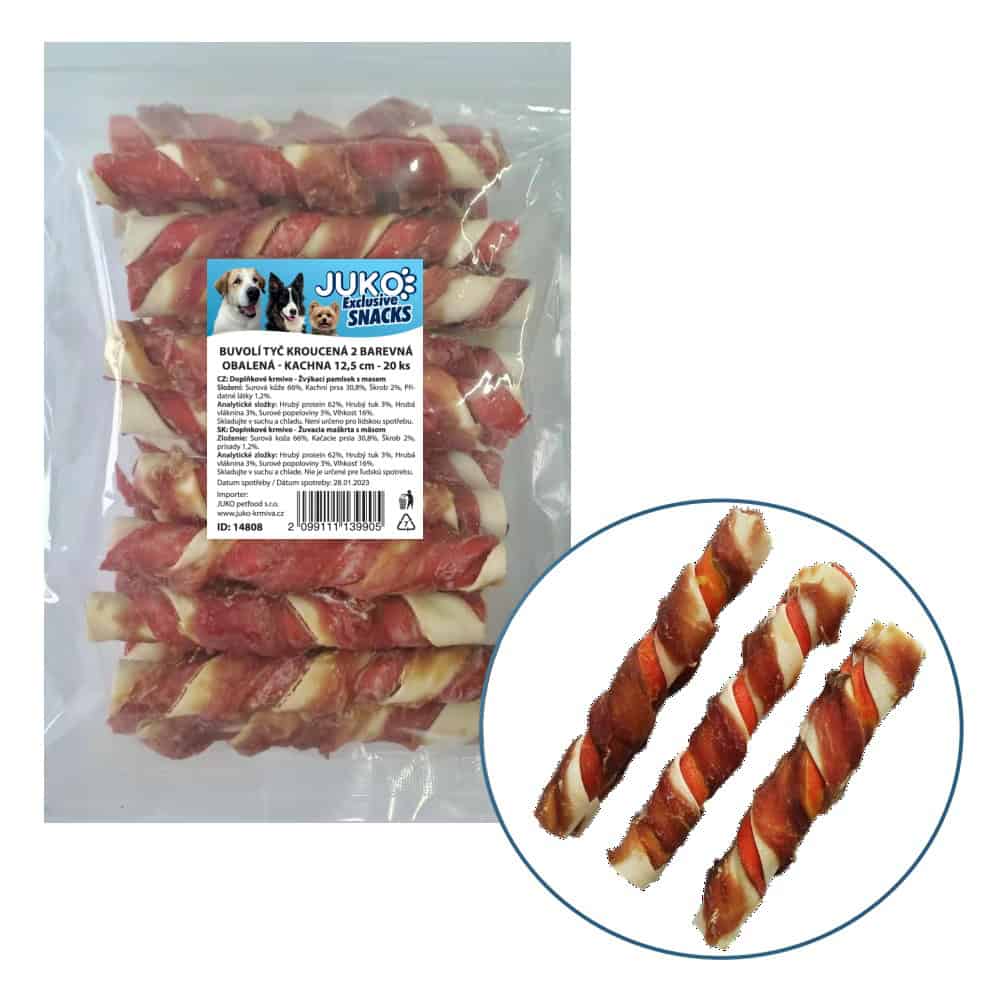Tyč buvolí kroucená 2 barevná obalená kachním masem JUKO Snacks 12