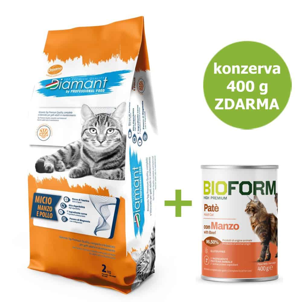 Diamant Cat Micio Hovězí a kuře 2 kg + konzerva ZDARMA