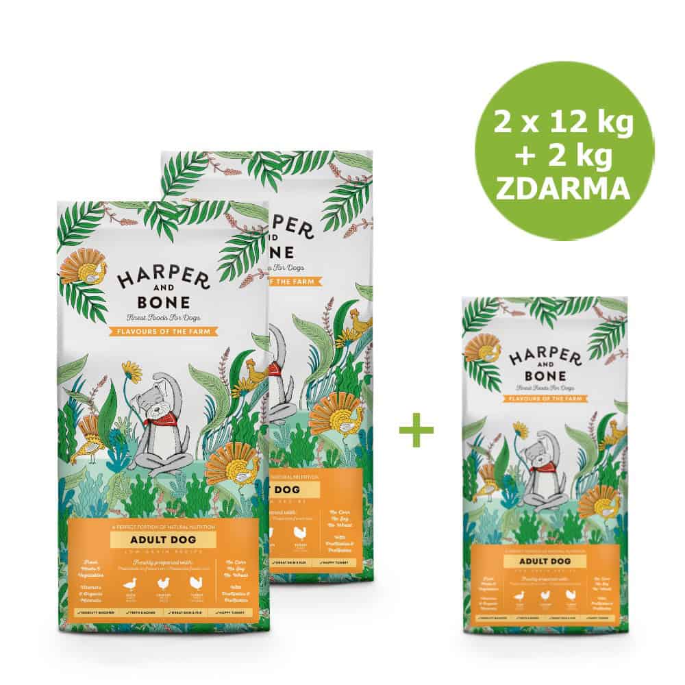Harper and Bone Dog Adult Large & Medium příchutě farmy AKCE 2 x 12 kg + 2 kg ZDARMA