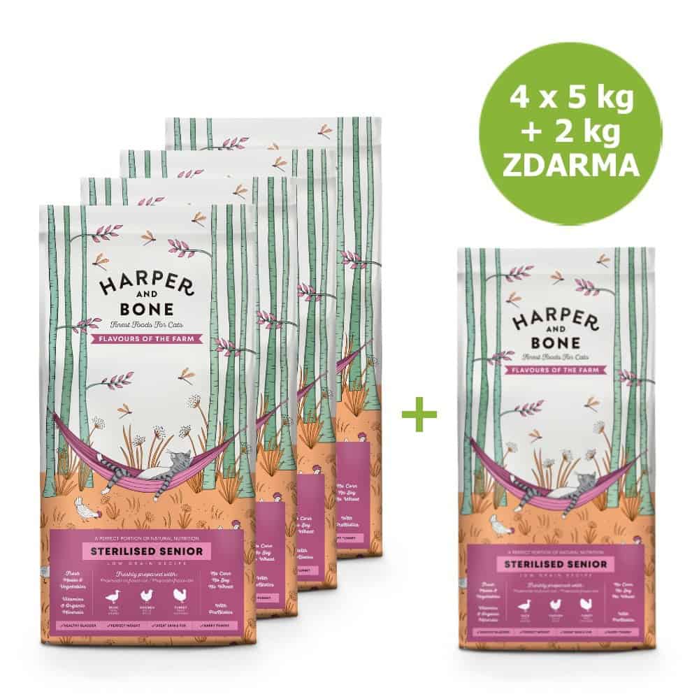 Harper and Bone Cat Senior Sterilised příchutě farmy AKCE 4 x 5 kg + 2 kg ZDARMA