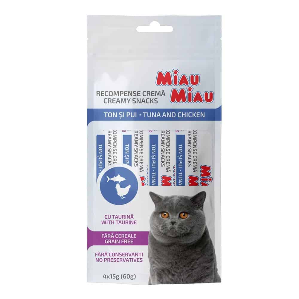 Miau Miau Creamy Snacks Cat tuňák a kuřecí 15 g (4 pack)