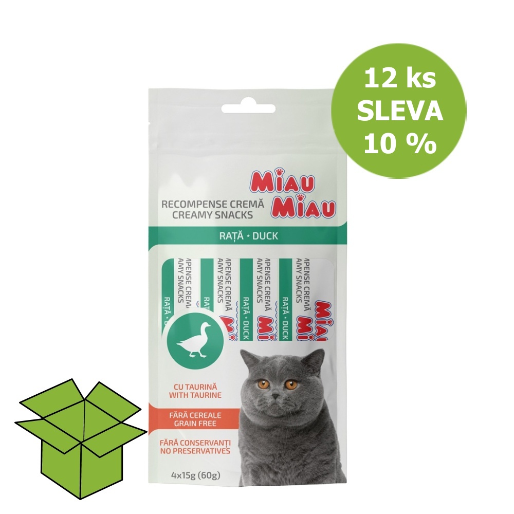 Miau Miau Creamy Snacks Cat kachní 15 g 4 pack (12 ks) SLEVA 10 %