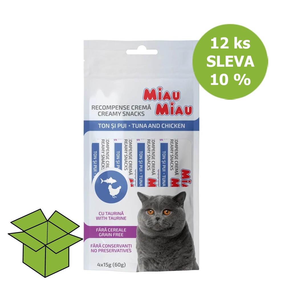 Miau Miau Creamy Snacks Cat tuňák a kuřecí 15 g 4 pack (12 ks) SLEVA 10 %